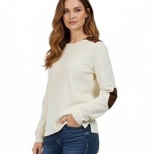 Lauren Jeans Co Ralph Lauren Cream Long Sleeve Tee Suede Elbow Patch Medium
